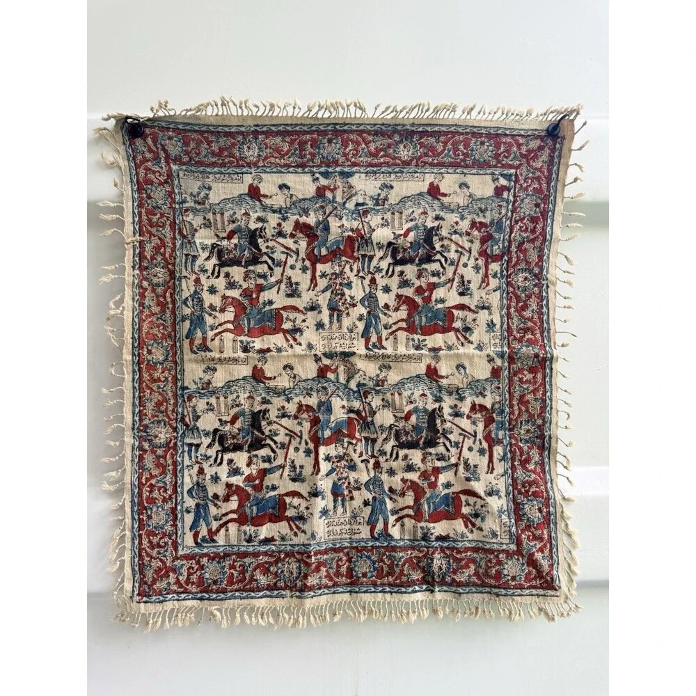 Antique Persian Fringed Cloth Tapestry Qajar Hunting & Polo Scene 24 X 24
